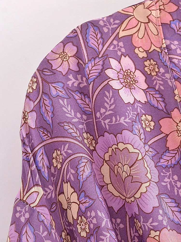 Vintage Chic Women Pink Floral Print Sashes Bohemian Kimono Ladies V Neck Batwing Sleeves Rayon Boho Robe Bikini Cover-ups - The Genie Store