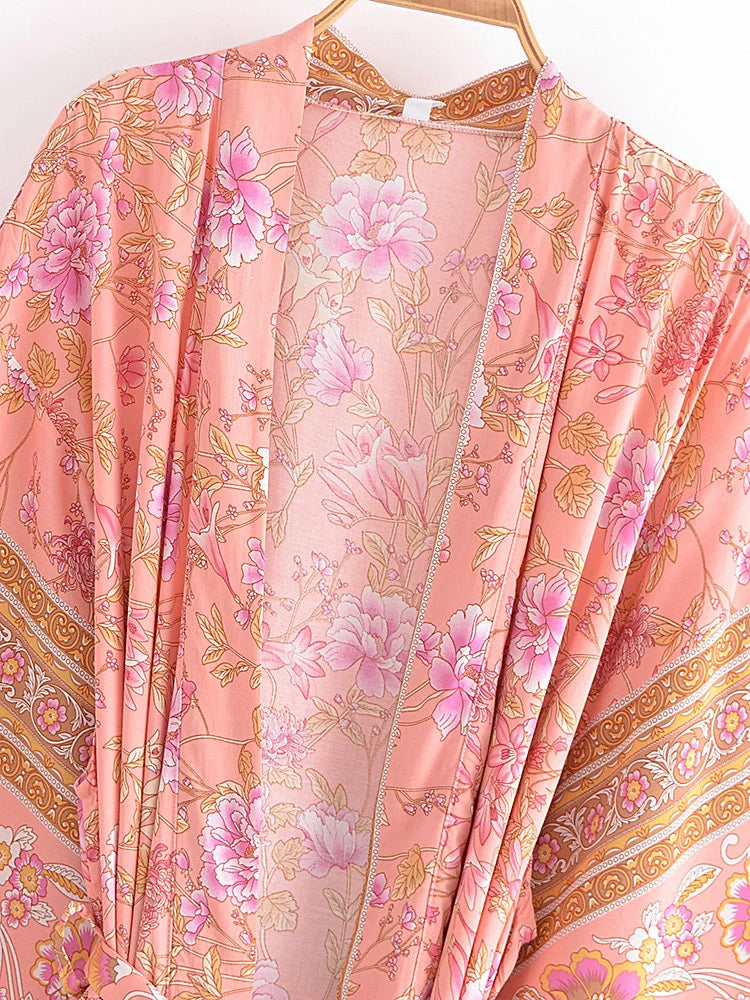 Vintage Chic Women Pink Floral Print Sashes Bohemian Kimono Ladies V Neck Batwing Sleeves Rayon Boho Robe Bikini Cover-ups - The Genie Store
