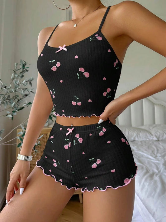 Sleepwear Women's Summer Pajama Set with Heart Print, Sexy Ribbed Bow Decor, Round Neck Backless Crop Cami Top & Shorts Nightwear