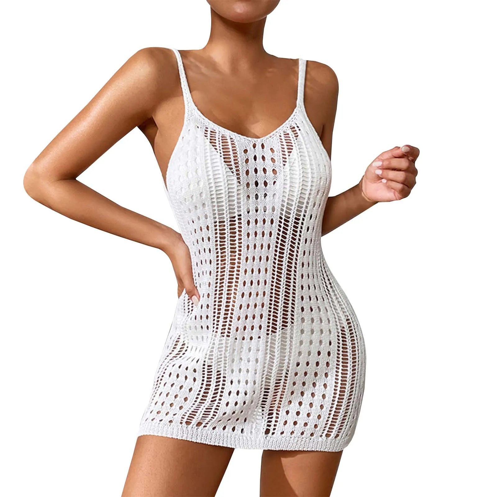 Women'S Sexy Sheer Knit Textured Crochet Overlay Spaghetti Strap Short Dress Beach Cover Women S Swim Cover Ups Halter Cover Up - The Genie Store