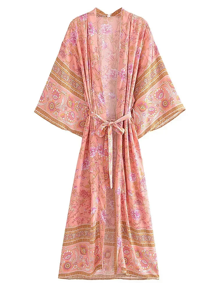 Vintage Chic Women Pink Floral Print Sashes Bohemian Kimono Ladies V Neck Batwing Sleeves Rayon Boho Robe Bikini Cover-ups - The Genie Store
