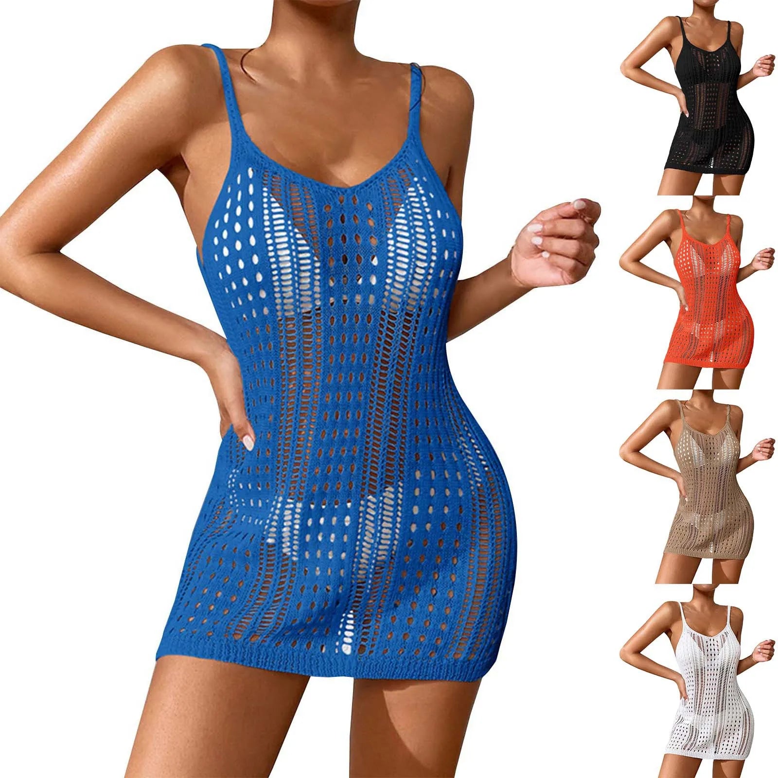 Women'S Sexy Sheer Knit Textured Crochet Overlay Spaghetti Strap Short Dress Beach Cover Women S Swim Cover Ups Halter Cover Up - The Genie Store