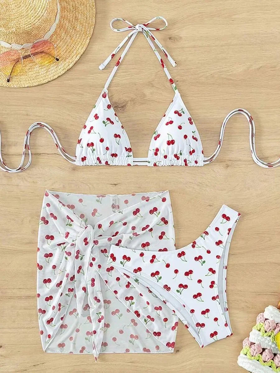With Mesh Sarong Skirt Cherry Printed Bikini Female Swimsuit Women Swimwear Three Pieces Bikini Set Bathing Suit Swim Beachwear - The Genie Store