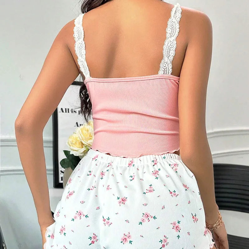 2025 women's sexy lace lace camisole vest shorts sleepwear women's slim fit two-piece home outfit new product pink coffee blue - The Genie Store