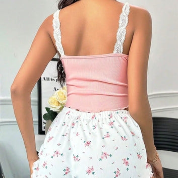 2025 Women's Sexy Lace Sleepwear Camisole Vest and Shorts Two-Piece Home Outfit in Pink, Coffee, and Blue