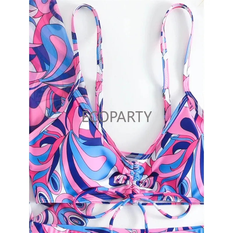 Women's Fashion Draw Rope Swimsuit Print High Waist Long Sleeve Smock Split Three Piece Bikini Set Swimwear - The Genie Store