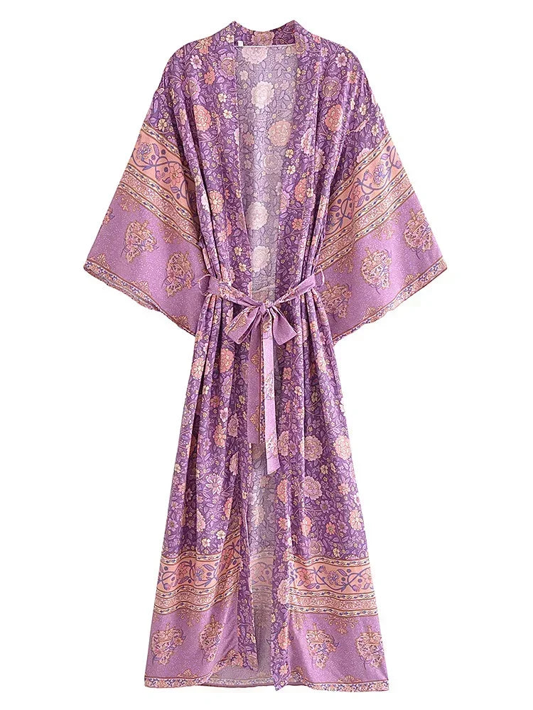 Vintage Chic Women Pink Floral Print Sashes Bohemian Kimono Ladies V Neck Batwing Sleeves Rayon Boho Robe Bikini Cover-ups - The Genie Store