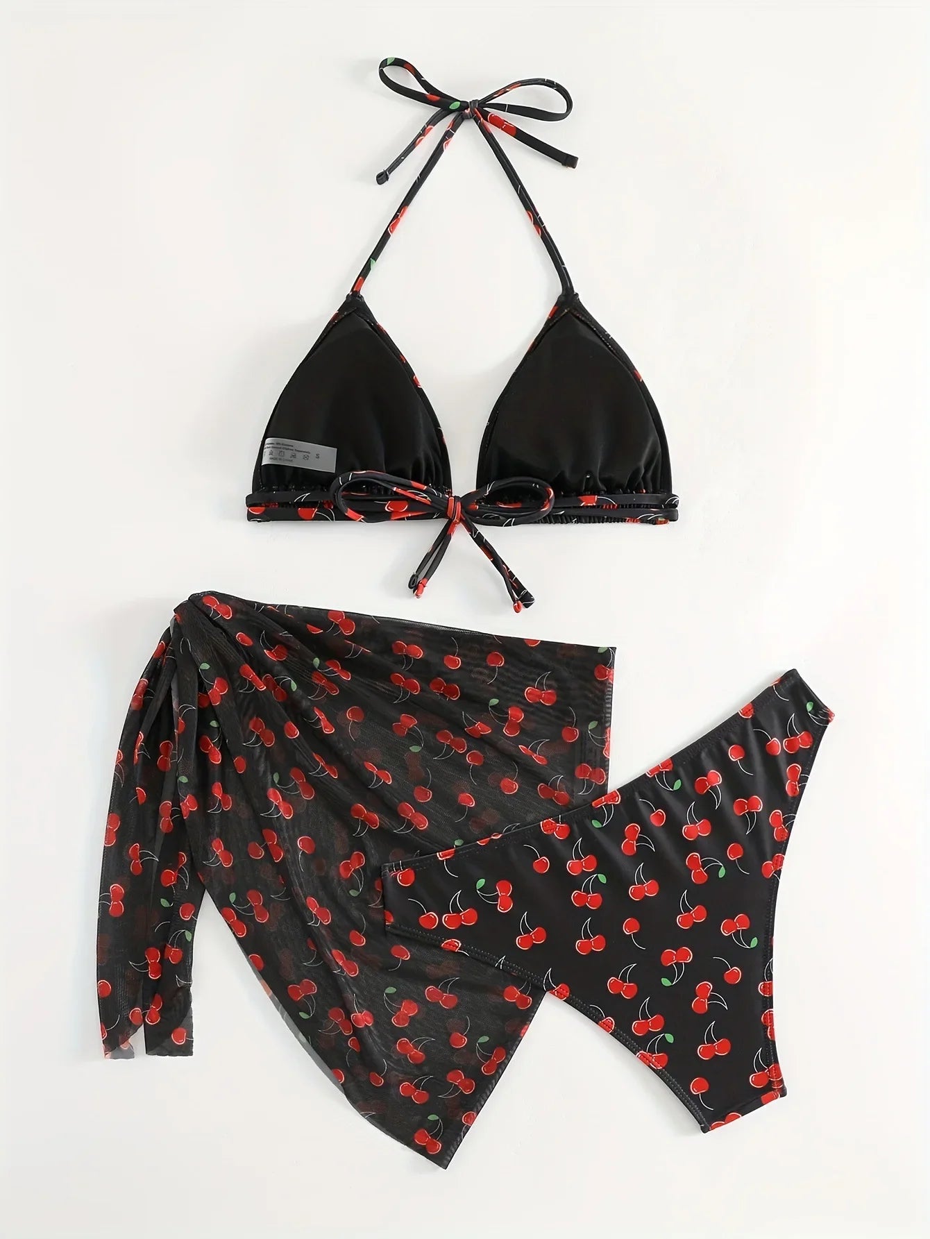 With Mesh Sarong Skirt Cherry Printed Bikini Female Swimsuit Women Swimwear Three Pieces Bikini Set Bathing Suit Swim Beachwear - The Genie Store