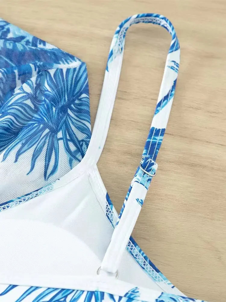 Women's Fashion Draw Rope Swimsuit Print High Waist Long Sleeve Smock Split Three Piece Bikini Set Swimwear - The Genie Store