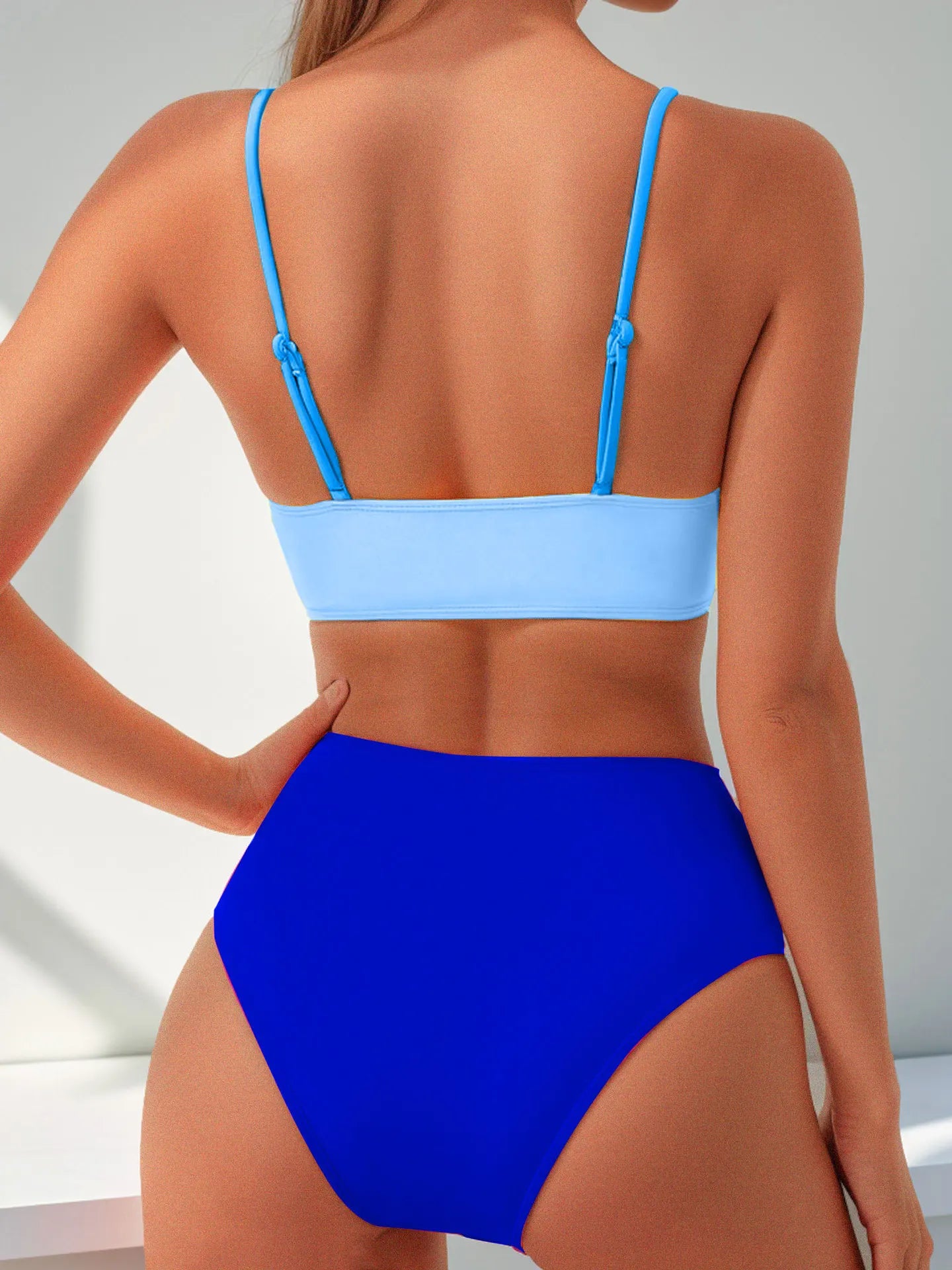 Women's Rose Red Patchwork High-Waist V-Neck Bikini Set - The Genie Store