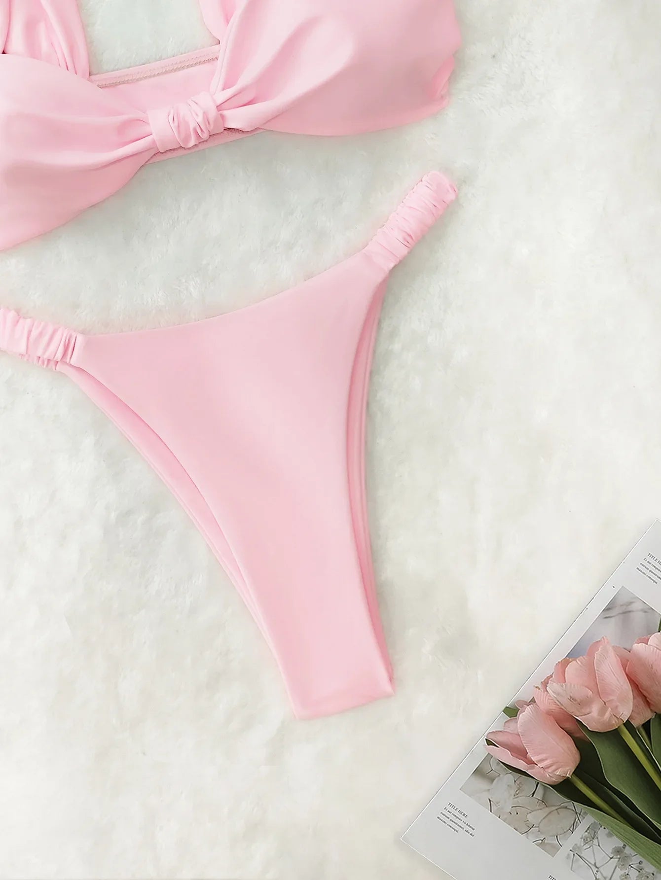 AOTVOTEE Sexy Pink Backless Bikinis 2 Piece Set Women Solid Split Swimsuit Beach Bikinis 2025 New Summer Swimwear Bikinis Set - The Genie Store