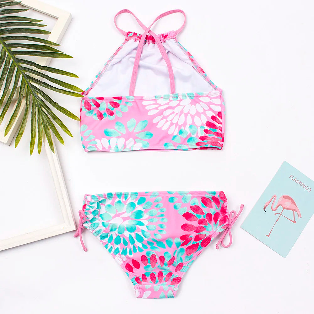 3-14 Years Flower Print Girls Kids Swimwear Summer Children Teen Students Two Pieces Swimsuit Kids Bikini Set Bathing Suit - The Genie Store