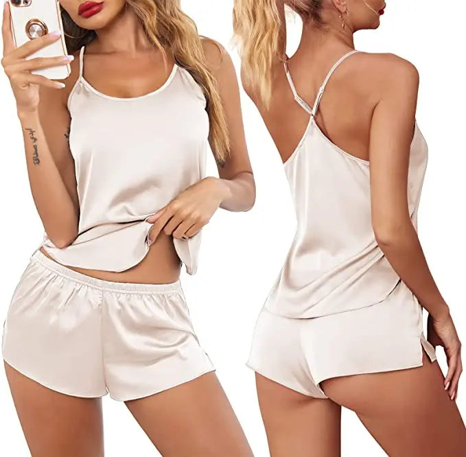 Women's Sleepwear Sexy Lace Satin Pajama Sets Nightwear Sleeveless Tops+Shorts 2 Pcs Sets Pyjama Sets For Women Pijama - The Genie Store