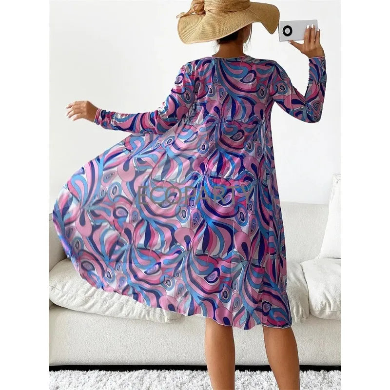 Women's Fashion Draw Rope Swimsuit Print High Waist Long Sleeve Smock Split Three Piece Bikini Set Swimwear - The Genie Store