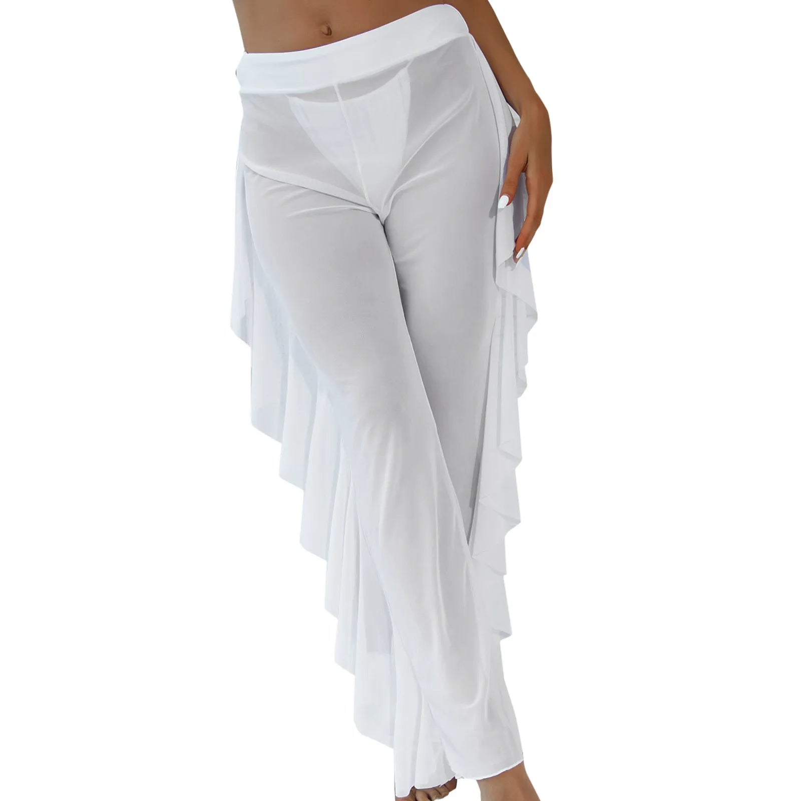 Women Mesh Ruffle Trim Cover Up Pants High Waist Beach Trousers Beachwear Covers Up Wrap Bikini Holiday Female Swimwear 2025 - The Genie Store