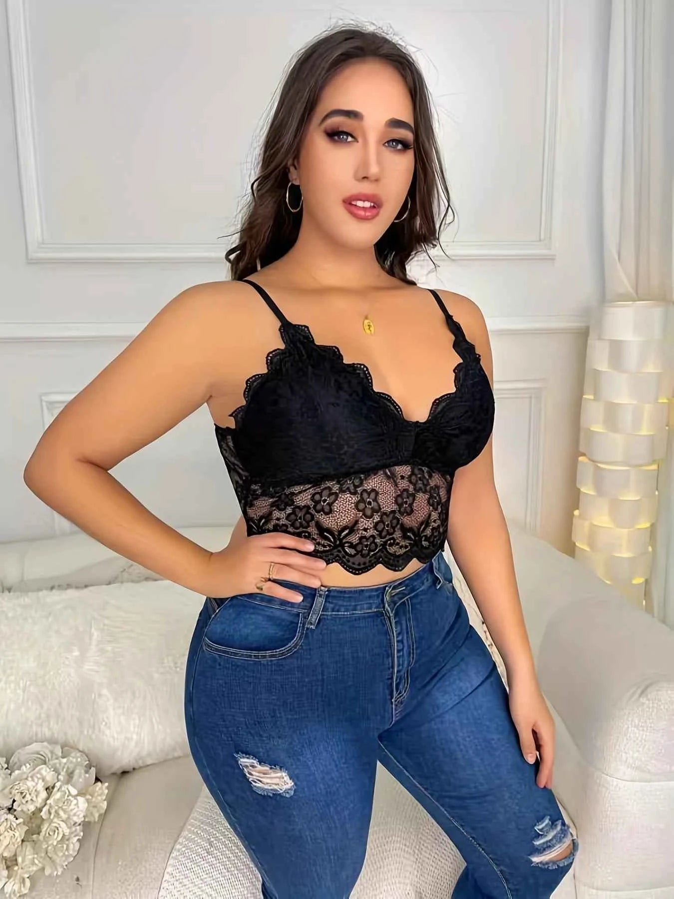 Sexy Plus Size Bra Lingerie Women's V-Neck Lace Floral Embroidery Longline High Stretch Elegant Vest Feminino - The Genie Store