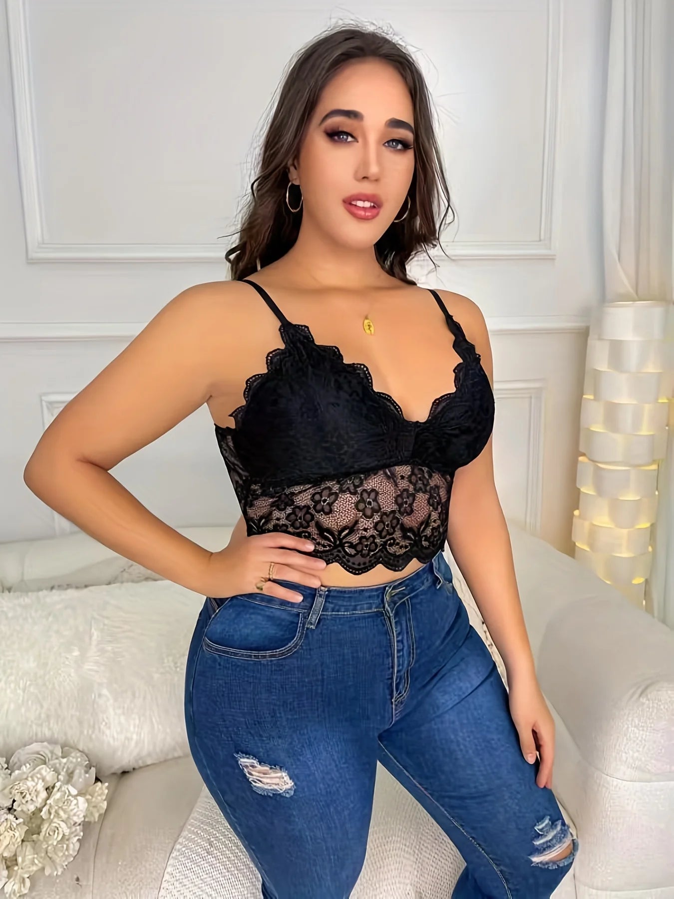 Sexy Plus Size Bra Lingerie Women's V-Neck Lace Floral Embroidery Longline High Stretch Elegant Vest Feminino - The Genie Store