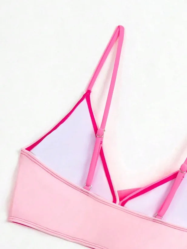 Women's Rose Red Patchwork High-Waist V-Neck Bikini Set - The Genie Store