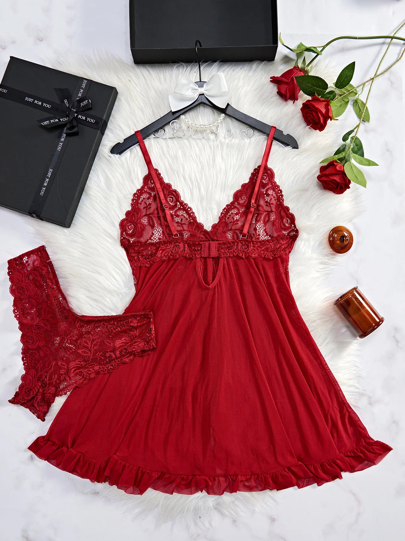 Red Sling Transparent Sexy Lingerie Women's Underwear See-through Sleepwear Lace Nightdress And Panty Pijamas Sets Female Santa - The Genie Store