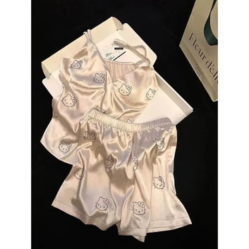 Sanrio Ice Silk Pajamas Hello Kittys Summer Cute Suspenders Shorts Suit Sweet Casual Breathable Cartoon Comfortable Loose Gifts