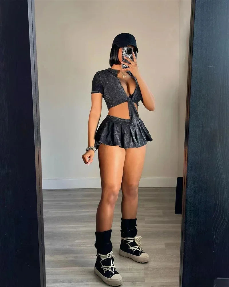 Streetwear Party Club Co Ord Sets for Women 2 Piece Set Outfit Summer Lace-up Crop Top and Mini Skirt Sets Conjuntos Para Vestir - The Genie Store