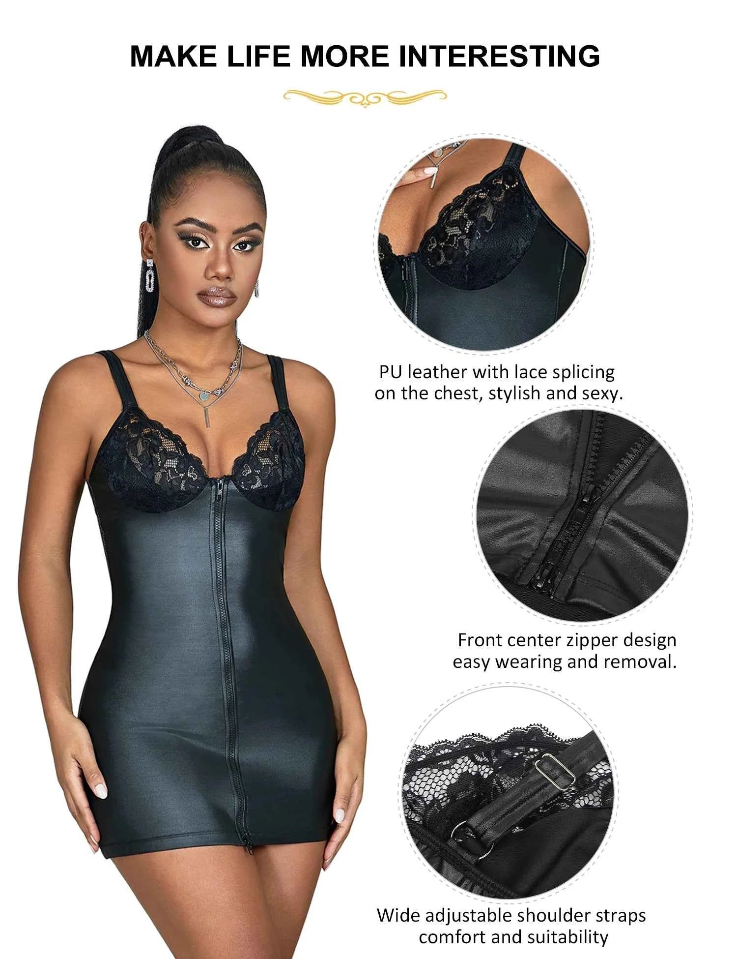 Comeondear Leather Lingerie 3XL Dress Lace Women's Nightie Set Black Nightgowns Curve Wrap Hip Nightdress Sleepwear With Zipper - The Genie Store