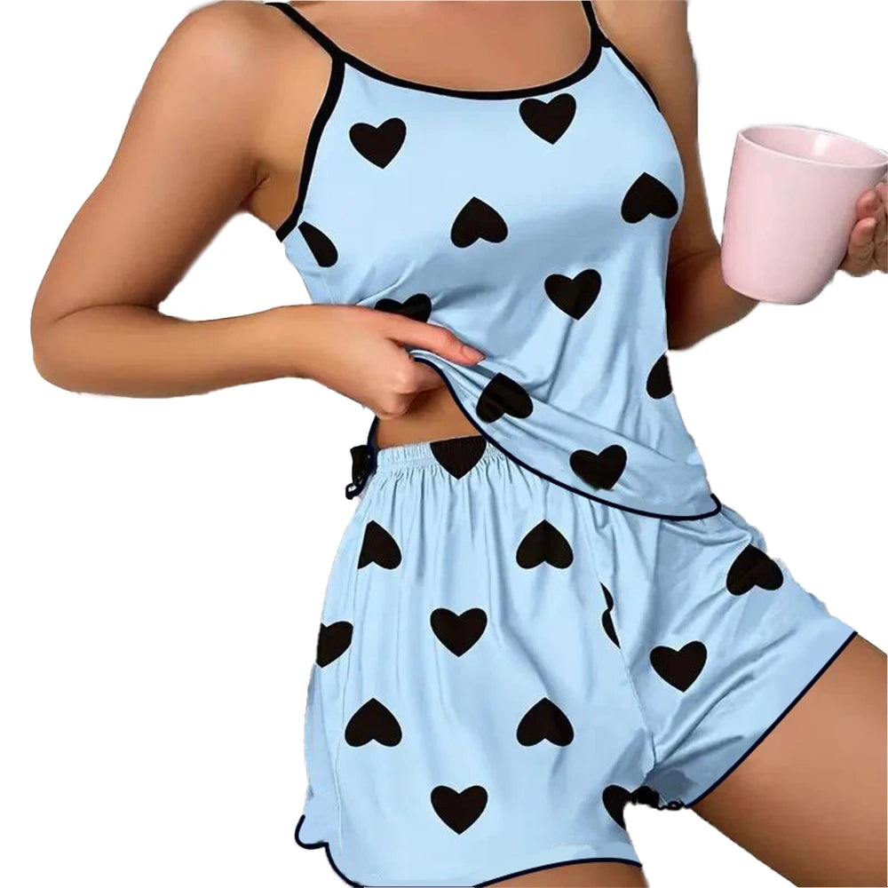 Women's Pajama Set Pajamas T-Shirts Shorts Pink Heart-Shaped Print Round Neck T-Shirt Ice Silk Top Comfortable Casual Summer ﻿ - The Genie Store