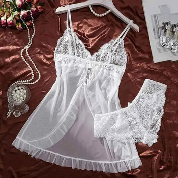 A Set Of Tulle Ultra Sexy Nightgown V-neck Bra Open Sleep Skirt Night Erotic Dress Woman Sheer Pajamas Lingerie Pants Luxury kit