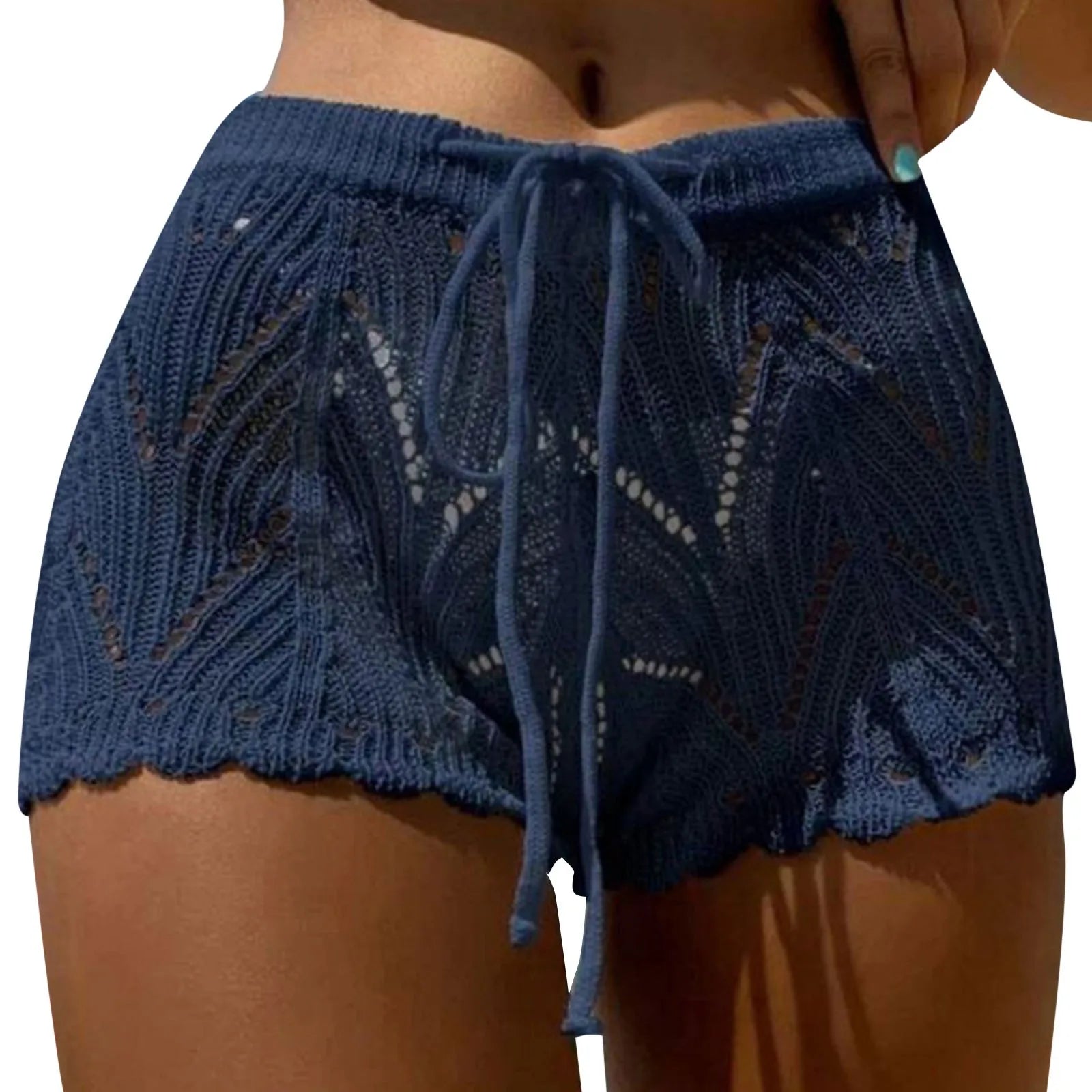 2024 New Hollow Out Crochet Knit Swim Shorts Drawstring Elastic Waist Women Summer Sexy Beach Cover Ups Shorts Swimwear Sarong - The Genie Store