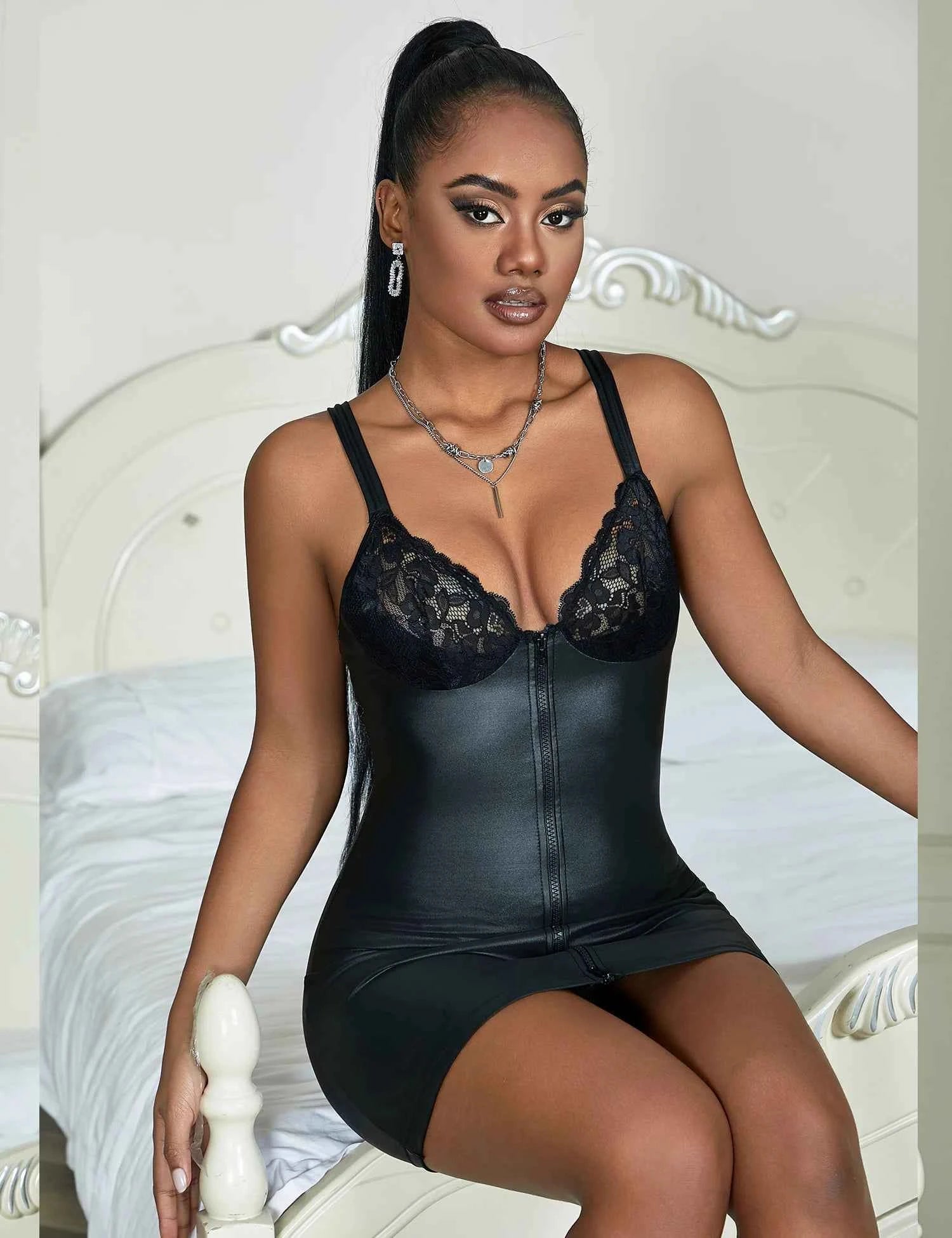 Comeondear Leather Lingerie 3XL Dress Lace Women's Nightie Set Black Nightgowns Curve Wrap Hip Nightdress Sleepwear With Zipper - The Genie Store