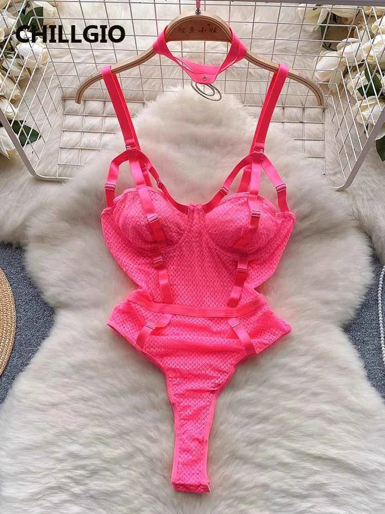 CHILLGIO Women Sexy Erotic Lace Strappy Rompers Lingerie Fashion Elastic Slim Bodysuits Solid Catsuits One Piece Tight Onesie - The Genie Store