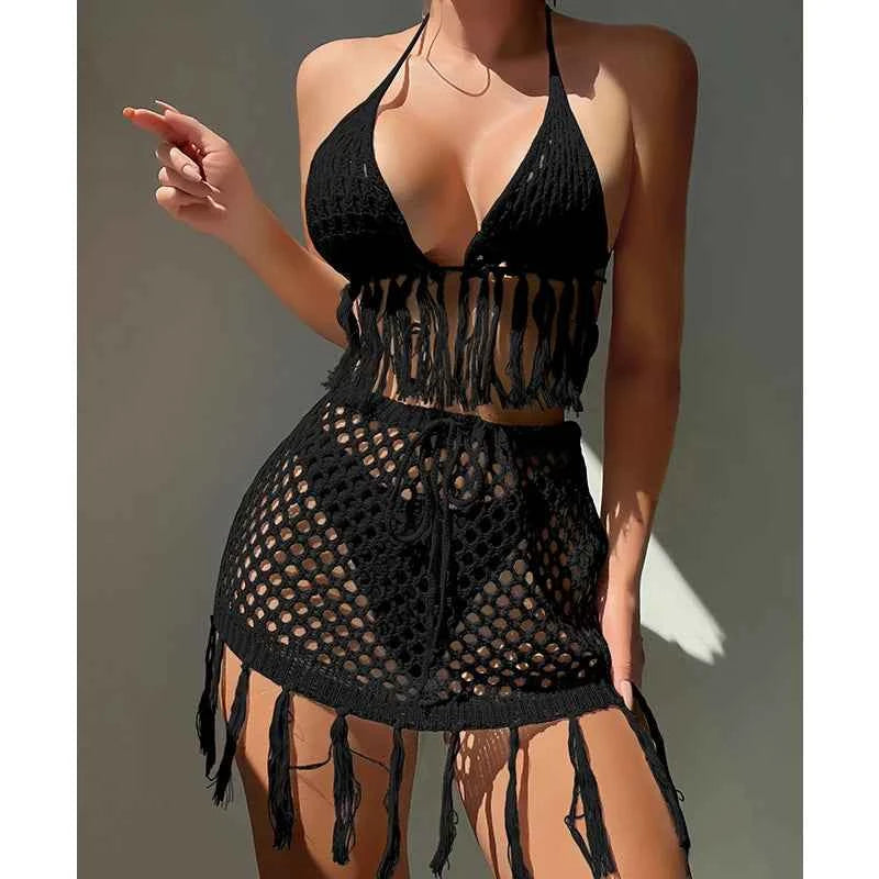 Two-piece Crochet Teens Women Sexy Bikini Cover Up Set Binding Rope Tassel Swimsuit Summer Holiday Knitting Beach Wear