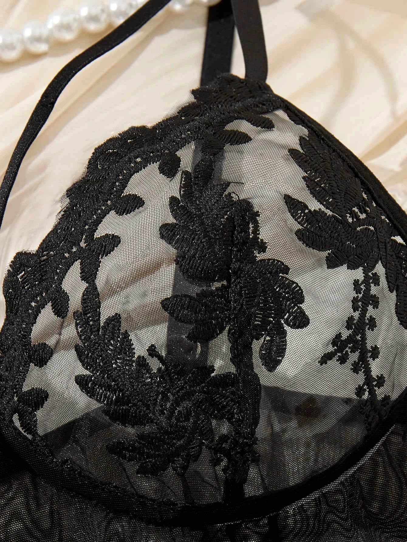 Ladies' wine red countryside style wheat ear embroidery semi transparent nightgown, elegant and comfortable, bow design