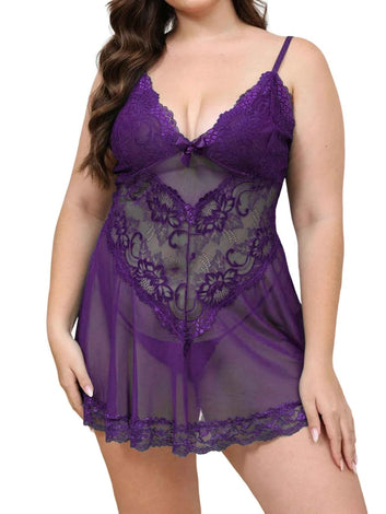 Womens Plus Size Lingerie Set Tempting Deep V Bodysuit Dress and Thong Set Sleepwear Seductive Teasing Set Purple XXXXL