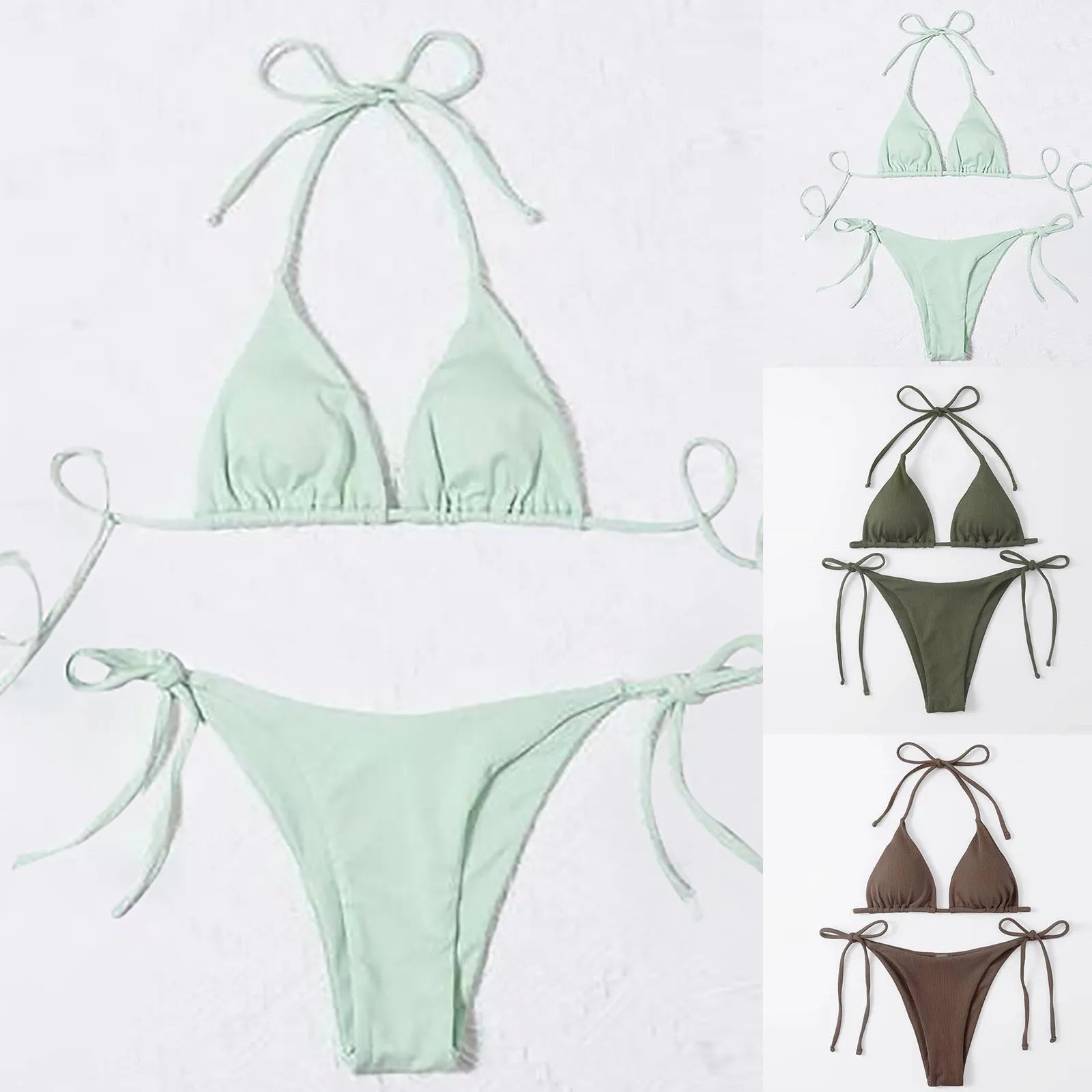 Women Sexy Neck Bikini Solid Color Split With Chest Pads No Steel Bra Swimsuit Biquinis Feminino TendêNcia купальник женский - The Genie Store