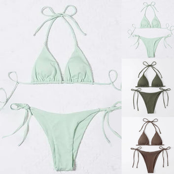 Women Sexy Neck Bikini Solid Color Split with Chest Pads No Steel Bra Swimsuit Biquinis Feminino