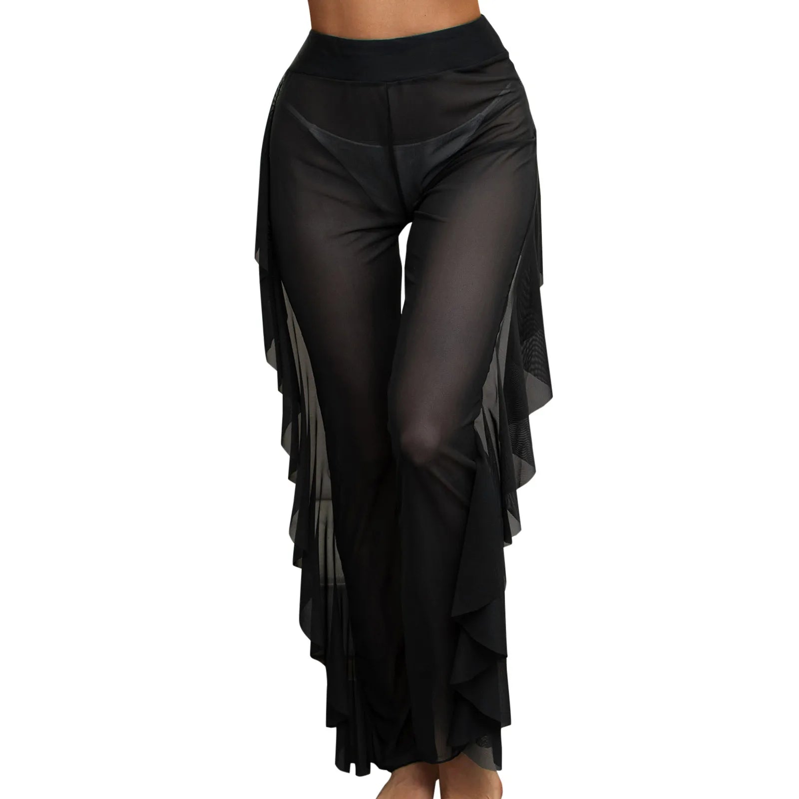 Women Mesh Ruffle Trim Cover Up Pants High Waist Beach Trousers Beachwear Covers Up Wrap Bikini Holiday Female Swimwear 2025 - The Genie Store