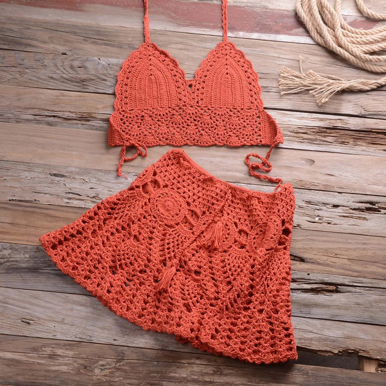 Boho Sexy Bikinis Sets Women's Crocheted Hollowed Out Two Piece Summer Bikini Beach Wear Halter Neck Bikini Bathing Bottoms - The Genie Store