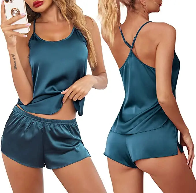 Women's Sleepwear Sexy Lace Satin Pajama Sets Nightwear Sleeveless Tops+Shorts 2 Pcs Sets Pyjama Sets For Women Pijama - The Genie Store