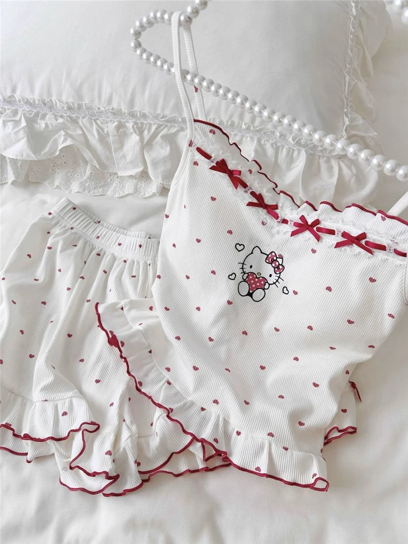 Women's Pajamas Hello Kitty Comfort Vest And Shorts Set Anime Cute Girl Casual  Summer Suspender Shorts  Set - The Genie Store