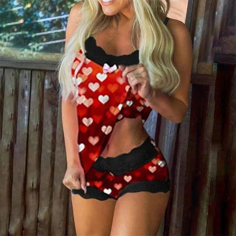 2 Pieces Set Women'S Pajama Shorts Suit Homewear Print Underwear Pijama Sexy Lingerie Camisoles Tanks Nighty Sling Sleepwear - The Genie Store