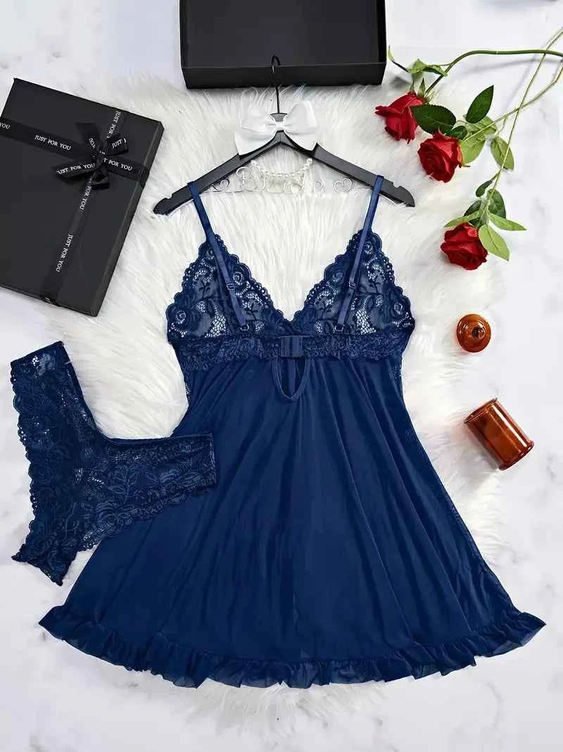 A Set Of Tulle Ultra Sexy Nightgown V-neck Bra Open Sleep Skirt Night Erotic Dress Woman Sheer Pajamas Lingerie Pants Luxury kit