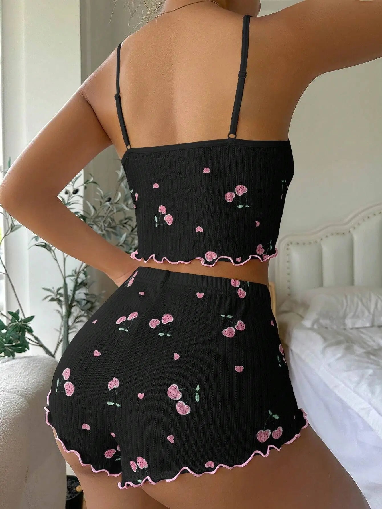 Sleepwear Women's Summer Pajama Set Heart Print Sexy Ribbed Bow Decor Round Neck Backless Crop Cami Top & Shorts Nightwear New - The Genie Store