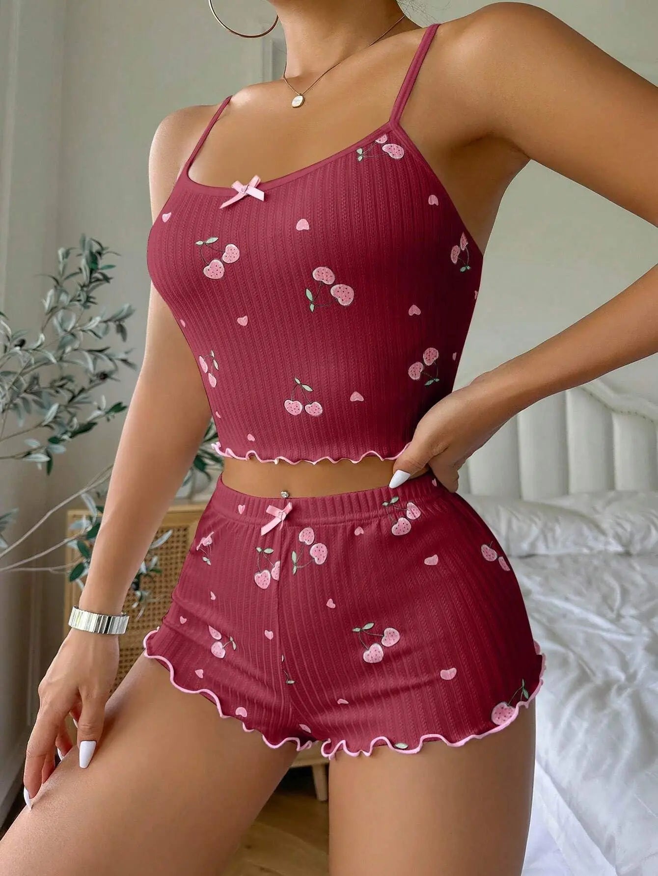 Sleepwear Women's Summer Pajama Set Heart Print Sexy Ribbed Bow Decor Round Neck Backless Crop Cami Top & Shorts Nightwear New - The Genie Store