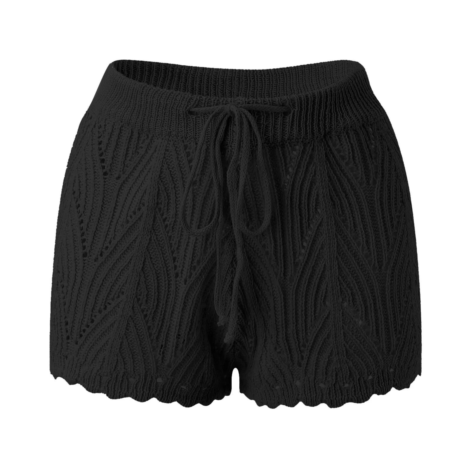 2024 New Hollow Out Crochet Knit Swim Shorts Drawstring Elastic Waist Women Summer Sexy Beach Cover Ups Shorts Swimwear Sarong - The Genie Store