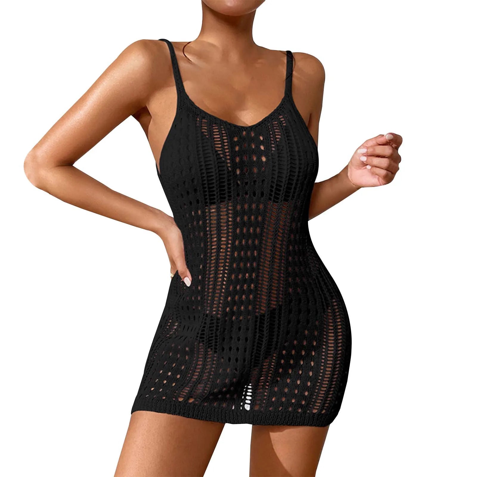 Women's Plus Size Sheer Knit Crochet Swimsuit Cover-Up Dress - The Genie Store