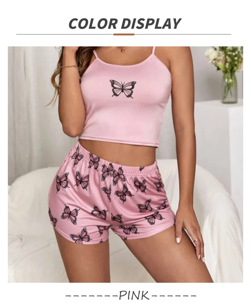 Two Pieces Summer Sexy Pajamas Butterfly Print Cami Pajamas Set Fashion Sexy Home Ladies Underwear Vest Shorts Pijamas - The Genie Store