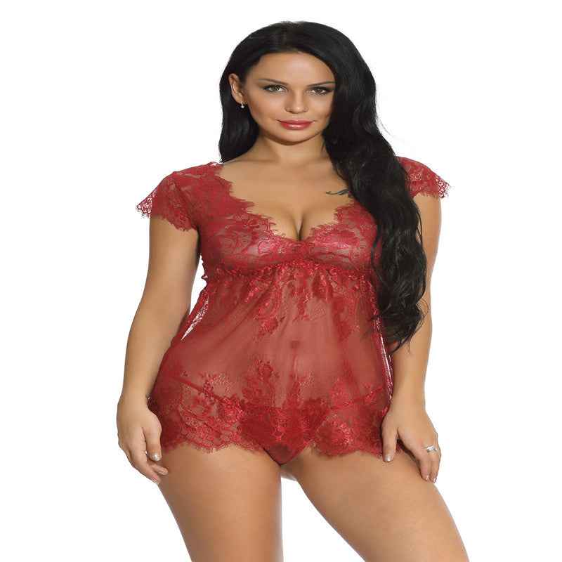 Women's Lingerie Plus Size Sleepwear Polyester Net Red Suit - The Genie Store
